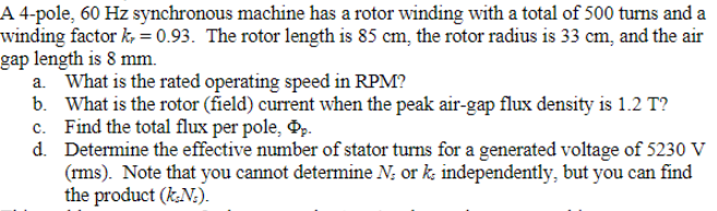Solved A 4-pole, 60 Hz synchronous machine has a rotor | Chegg.com
