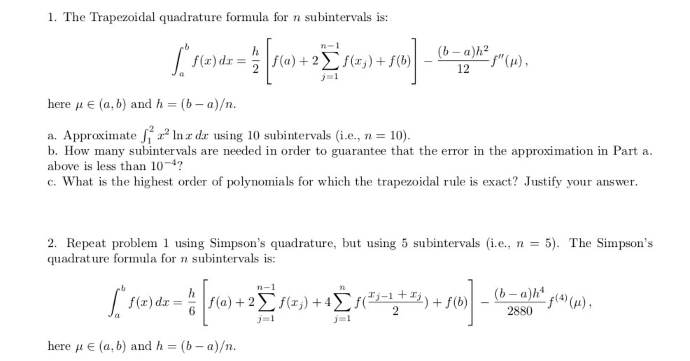 Solved 1. The Trapezoidal quadrature formula for n | Chegg.com