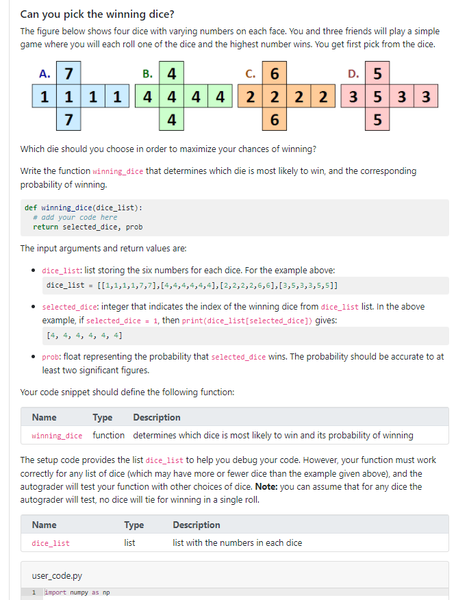 Can you pick the winning dice? The figure below shows | Chegg.com