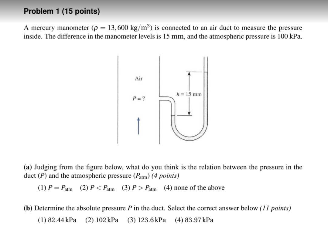 Solved Problem 1 (15 points) A mercury manometer (p = 13,600 | Chegg.com