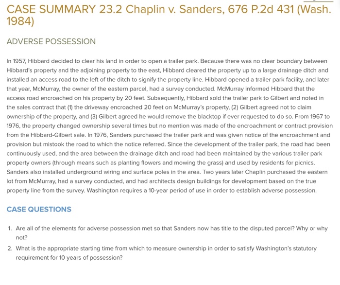 Solved CASE SUMMARY 23.2 Chaplin v. Sanders, 676 P.2d 431