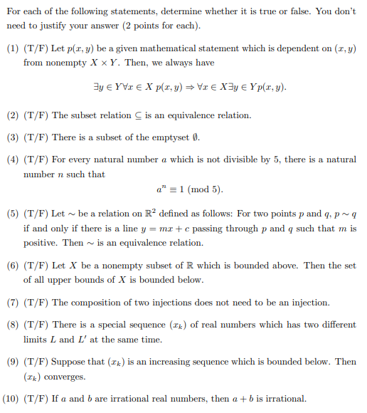 Solved For each of the following statements, determine | Chegg.com