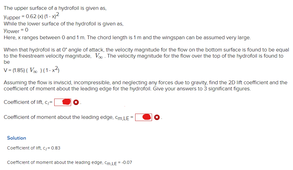 The upper surface of a hydrofoil is given as, yupper