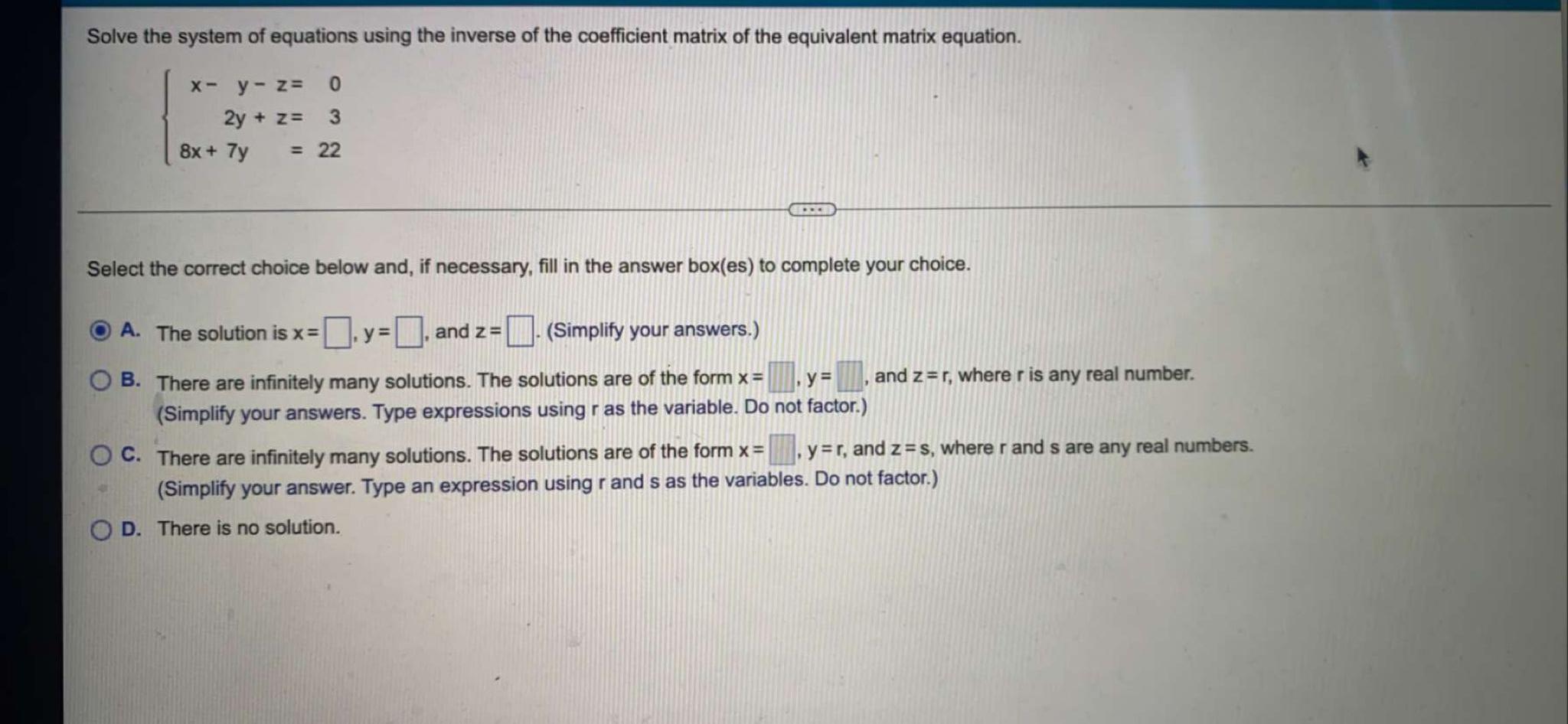 Solved Solve the system of equations using the inverse of | Chegg.com