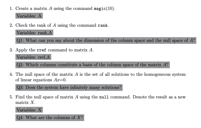 Solved 1. Create a matrix A using the command magic(10). | Chegg.com