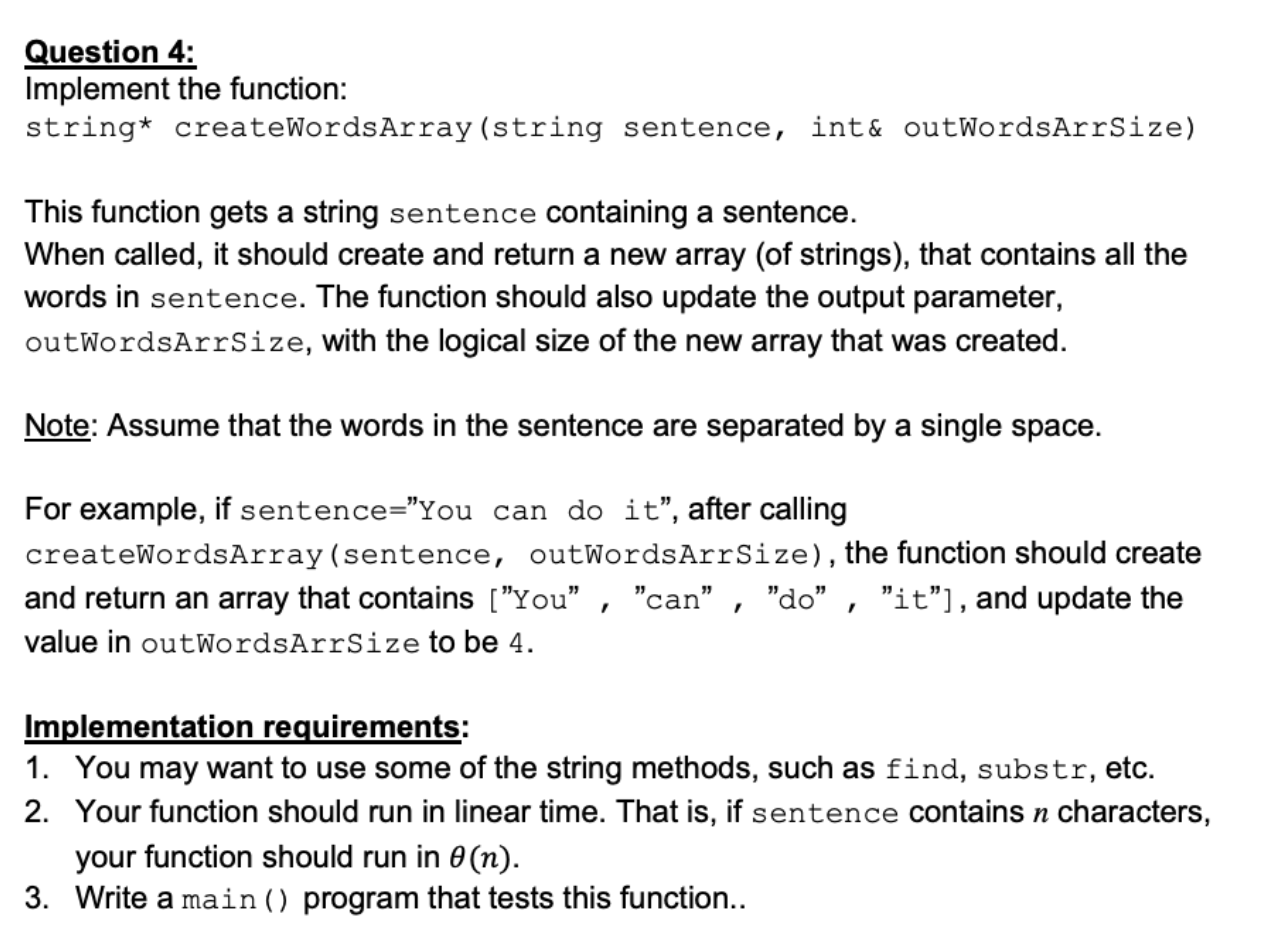 Solved Question 4: Implement The Function: String* | Chegg.com