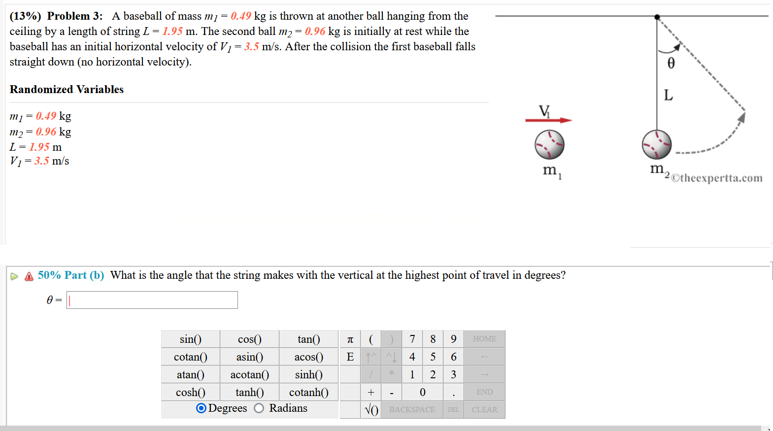 (13\) Problem 3 A baseball of mass m1=0.49 kg is