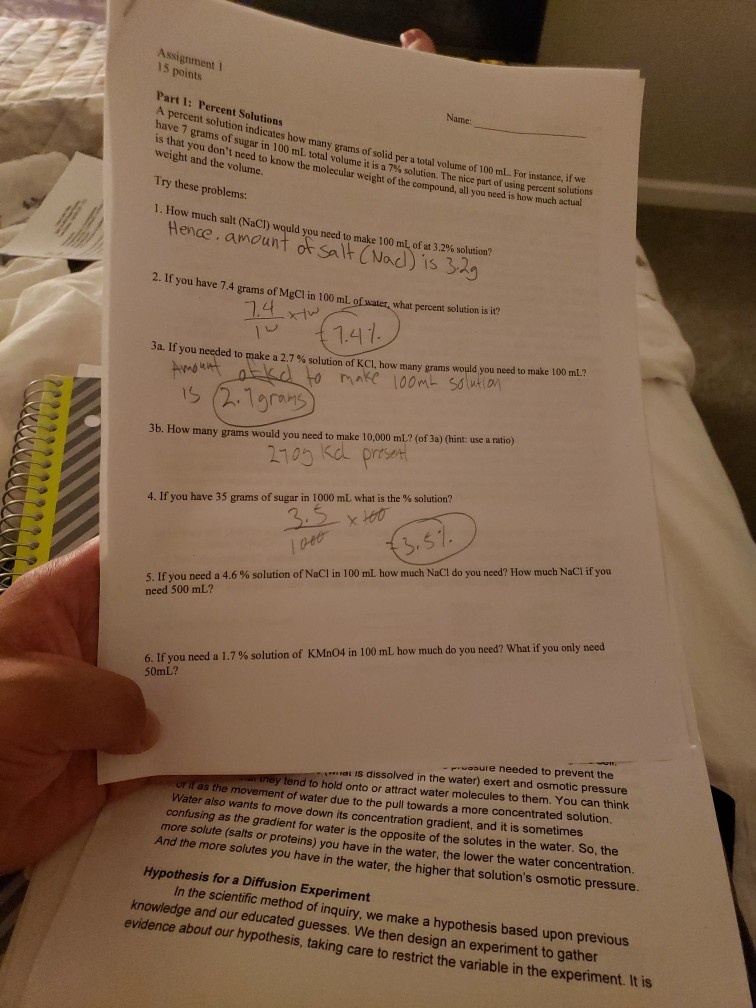 Assignment 1 15 points Part 1: Percent Solutions | Chegg.com