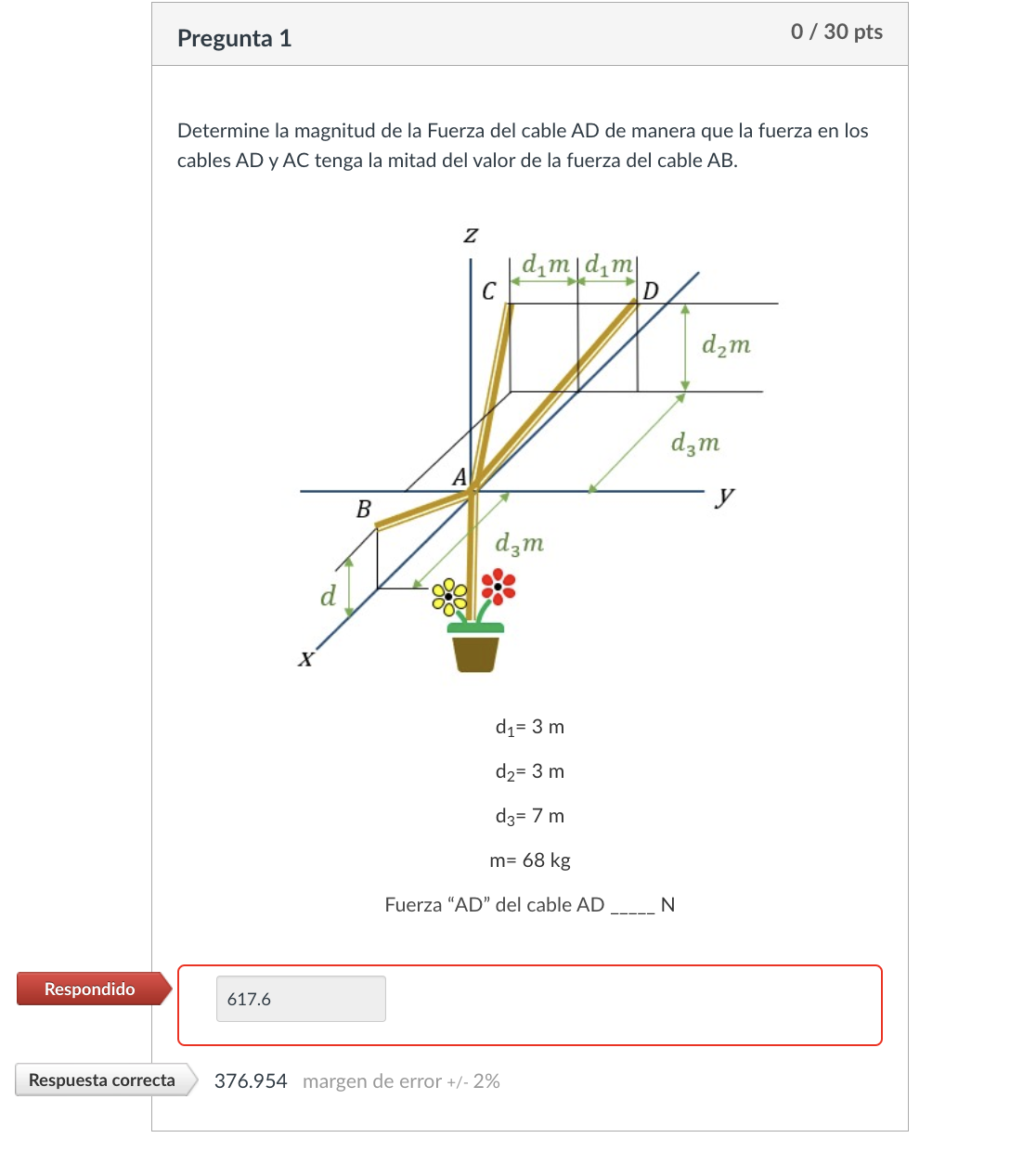 Determine la magnitud de la Fuerza del cable AD de manera que la fuerza en los cables \( A D \) y \( A C \) tenga la mitad de