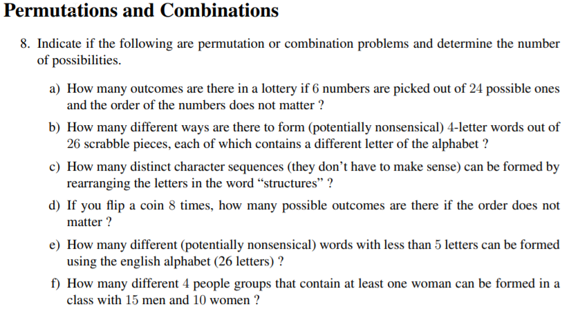 Solved Permutations And Combinations 8. Indicate If The | Chegg.com