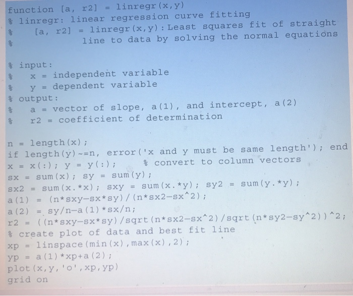 Solved Change the MATLAB Last-square regression function as | Chegg.com