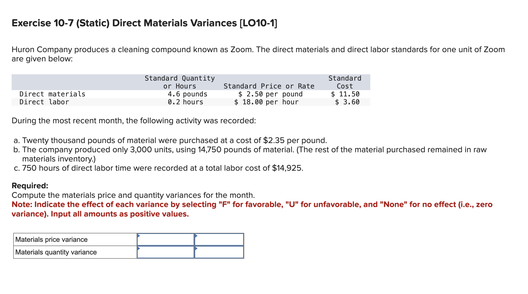 Solved Exercise 10-7 (Static) Direct Materials Variances | Chegg.com