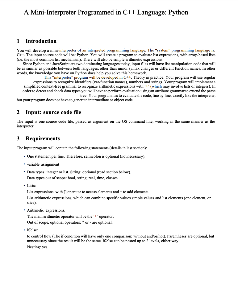 A Mini-Interpreter Programmed in C++ Language: Python | Chegg.com