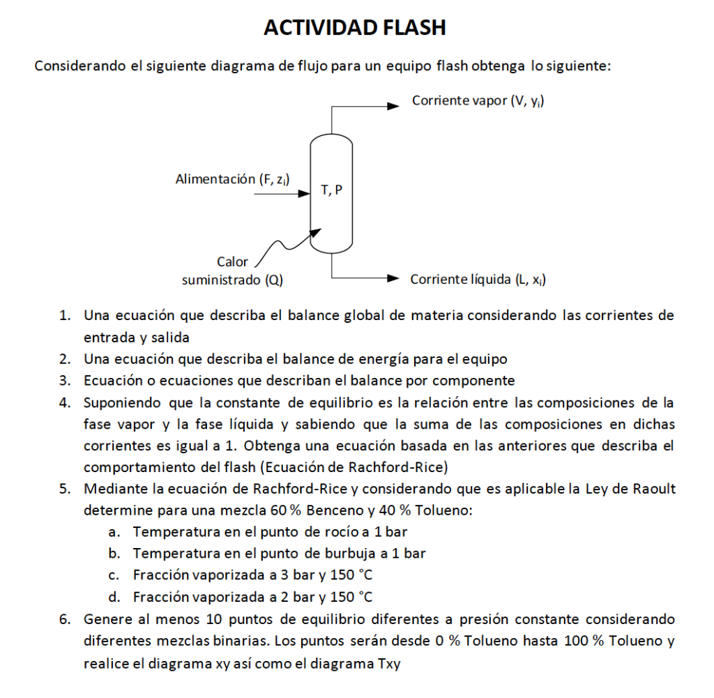 Considerando el siguiente diagrama de flujo para un equipo flash obtenga lo siguiente: 1. Una ecuación que describa el balanc