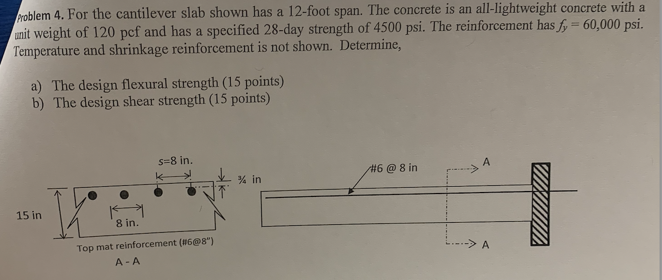 Solved problem 4. For the cantilever slab shown has a 12 | Chegg.com