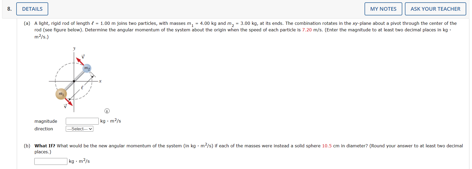 Solved m2/s.) magnitude kg⋅m2/s direction places.) kg⋅m2/s