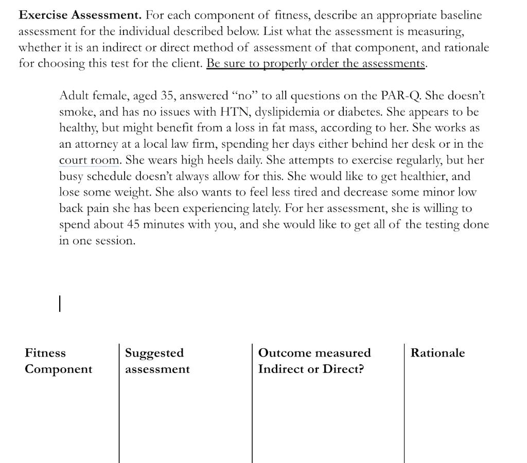 Solved Exercise Assessment. For each component of fitness, | Chegg.com