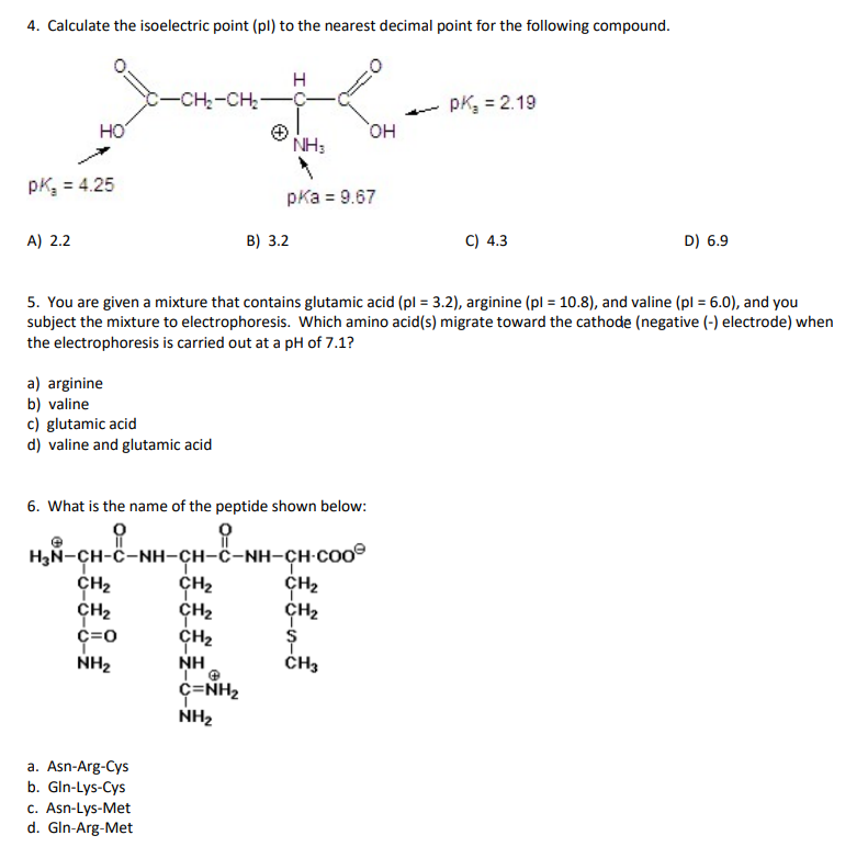 Solved 4. Calculate the isoelectric point (pl) to the | Chegg.com