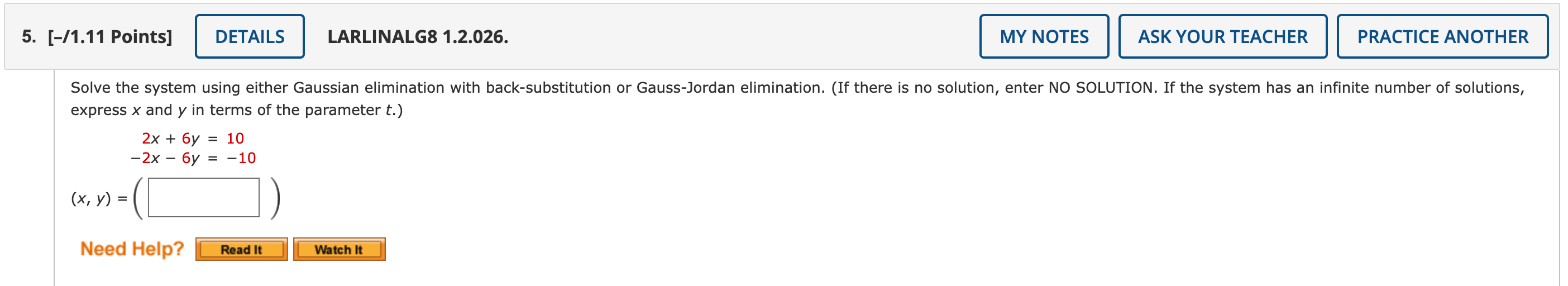 Solved 5. [-/1.11 Points] DETAILS LARLINALG8 1.2.026. MY | Chegg.com