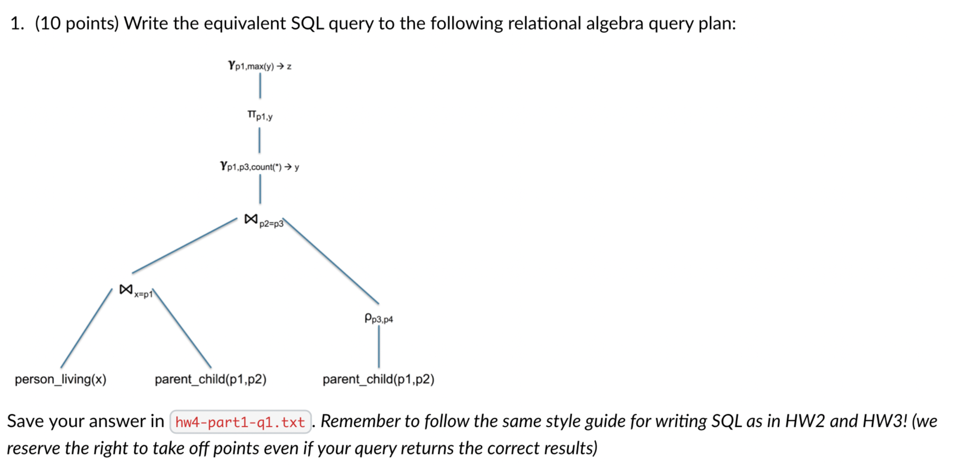 Solved 1. (10 points) Write the equivalent SQL query to the | Chegg.com