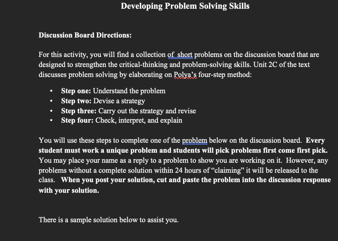 Solved Developing Problem Solving Skills Discussion Board | Chegg.com