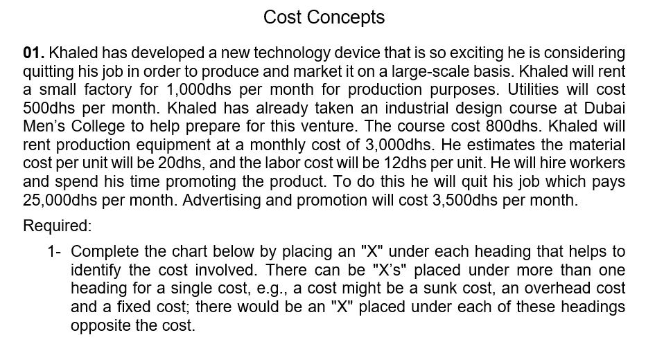 01. Khaled has developed a new technology device that is so exciting he is considering quitting his job in order to produce a