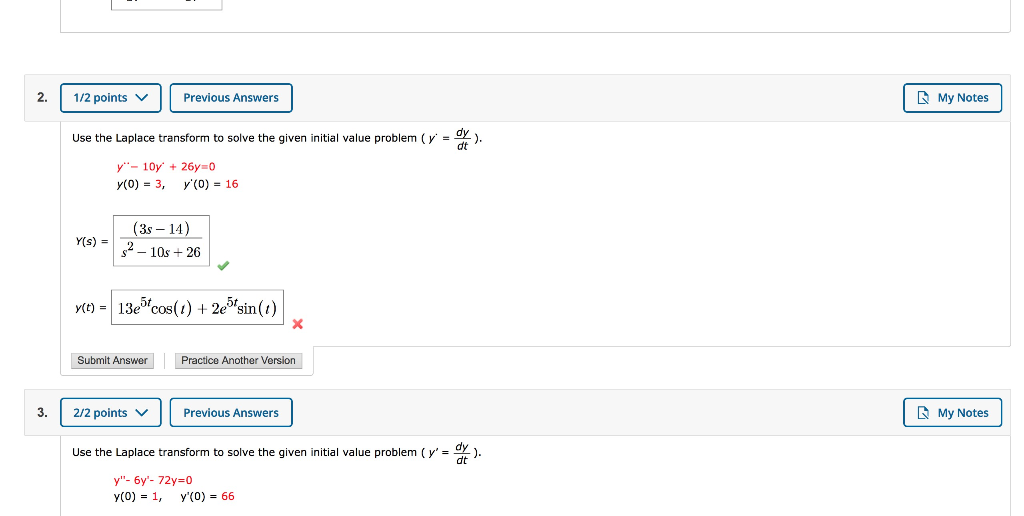 Solved 1/2 points Previous Answers My Notes Use the Laplace | Chegg.com