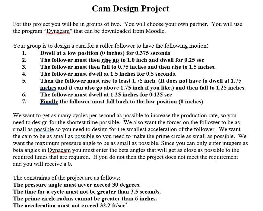 Cam Design Project For this project you will be in