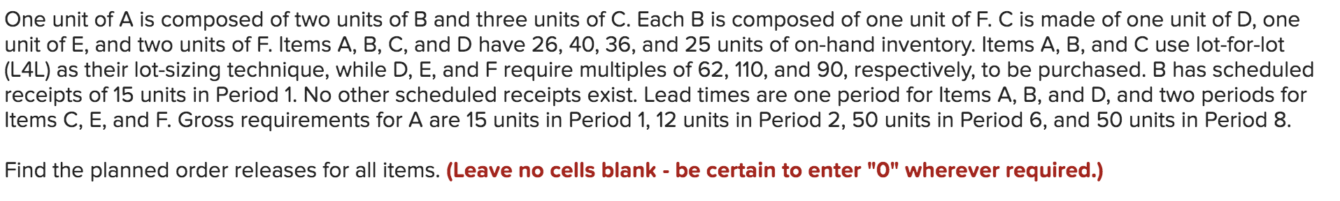 Solved One unit of A is composed of two units of B and three | Chegg.com