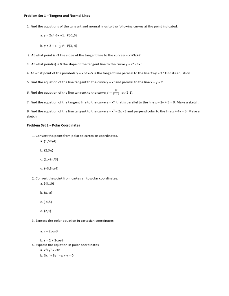 Solved Problem Set 1 - Tangent and Normal Lines 1. Find the | Chegg.com