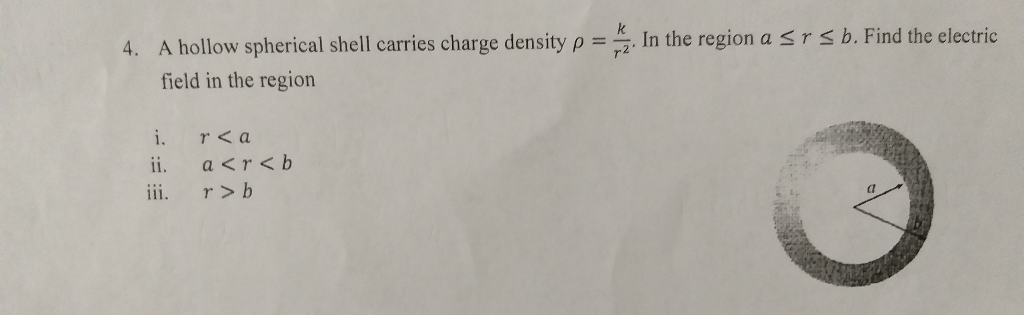 Solved 4. A hollow spherical shell carries charge density p | Chegg.com