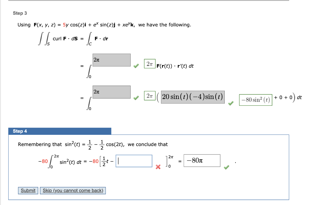 Solved Step 3 Using F(x, y, z) = 5y cos(z)i + e* sin(z)j + | Chegg.com