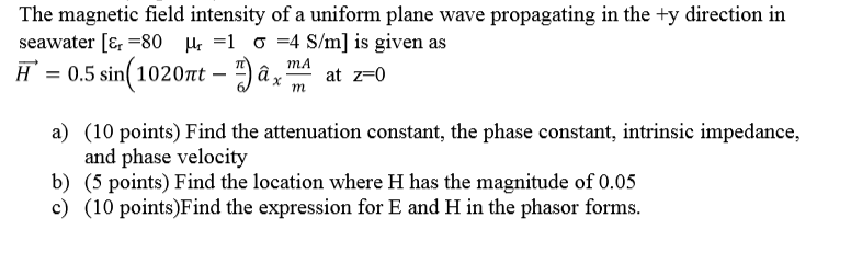 Solved The Magnetic Field Intensity Of A Uniform Plane Wa Chegg Com