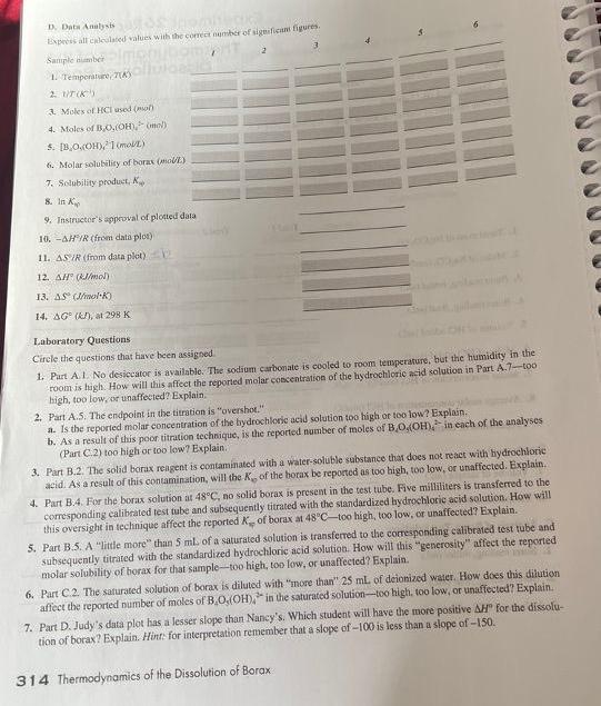 Experiment 26 Report Sheet Thermodynamics Of The 0561