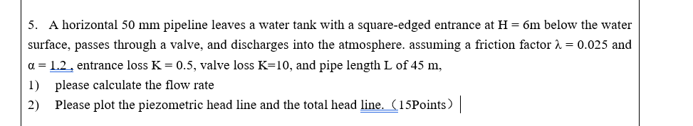 Solved 5. A horizontal 50 mm pipeline leaves a water tank | Chegg.com