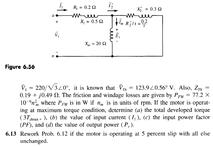Solved 6.12 Figure 6.56 gives the per phase equivalent | Chegg.com