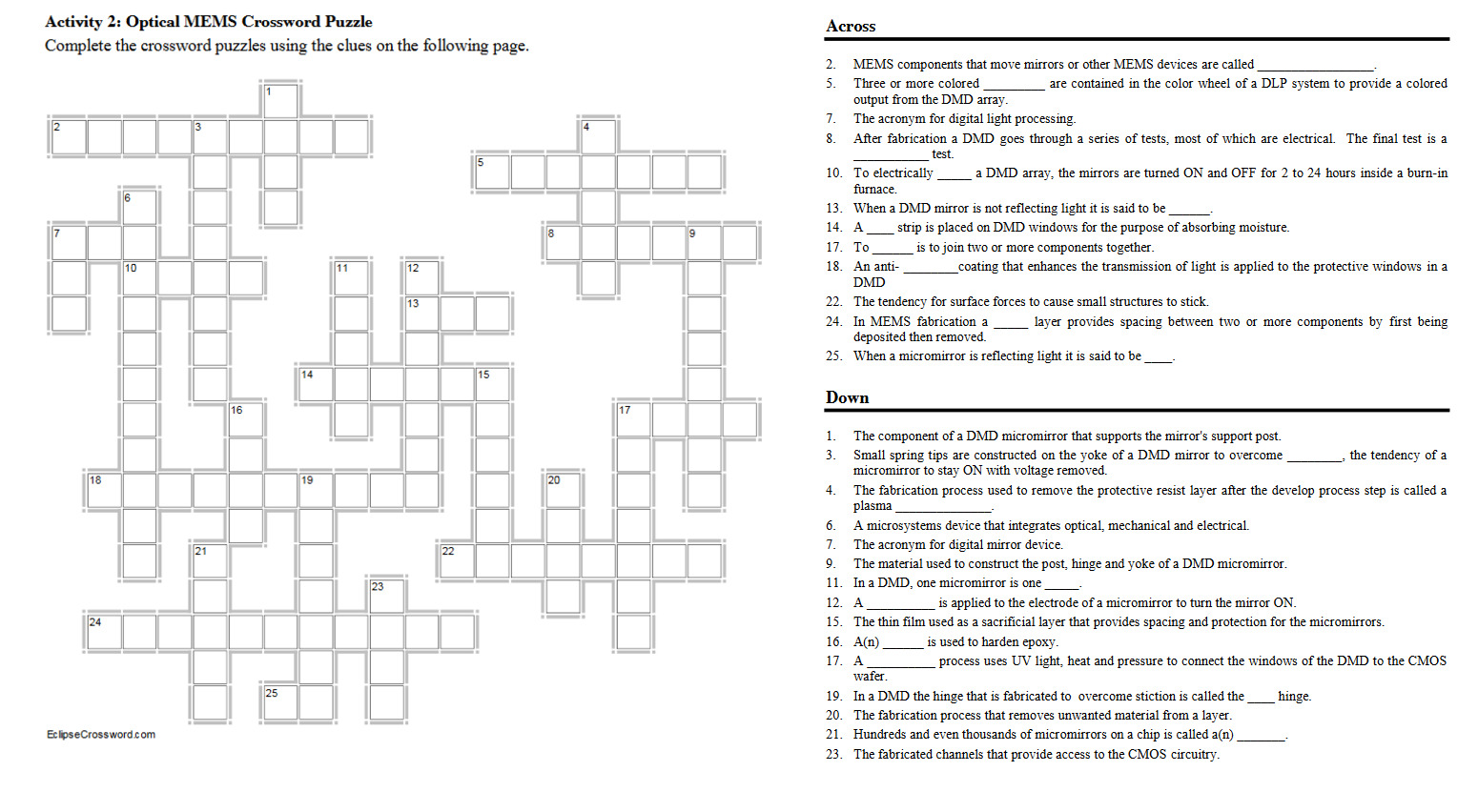 Solved CrossActivity 2 Optical MEMS Crossword