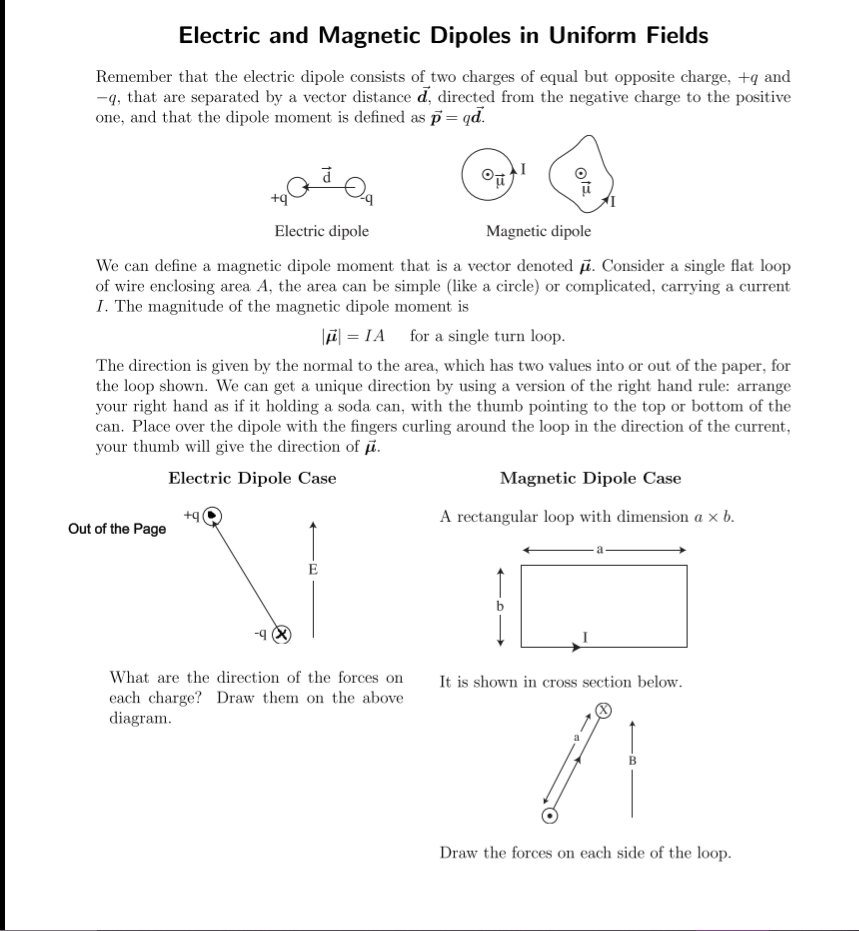 Solved Electric and Magnetic Dipoles in Uniform Fields | Chegg.com