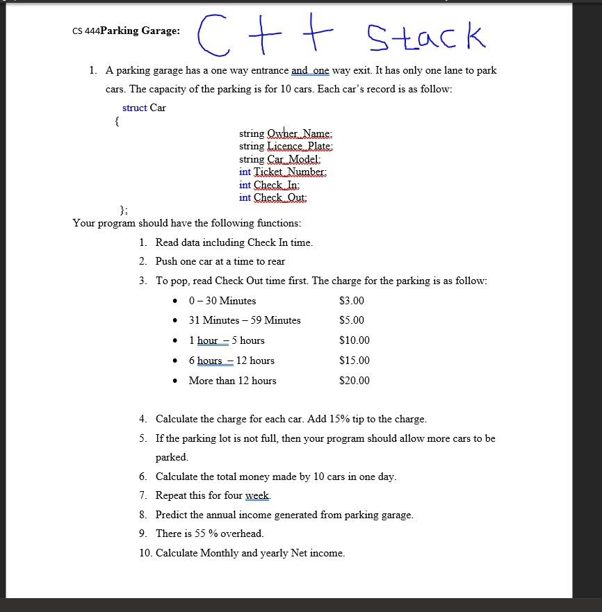 Solved Using C++ language stack 1. A parking garage has a | Chegg.com