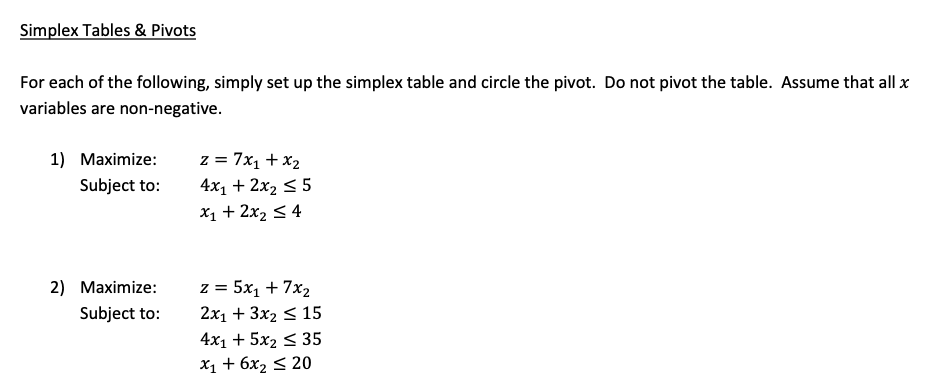Solved Simplex Tables & Pivots For each of the following, | Chegg.com