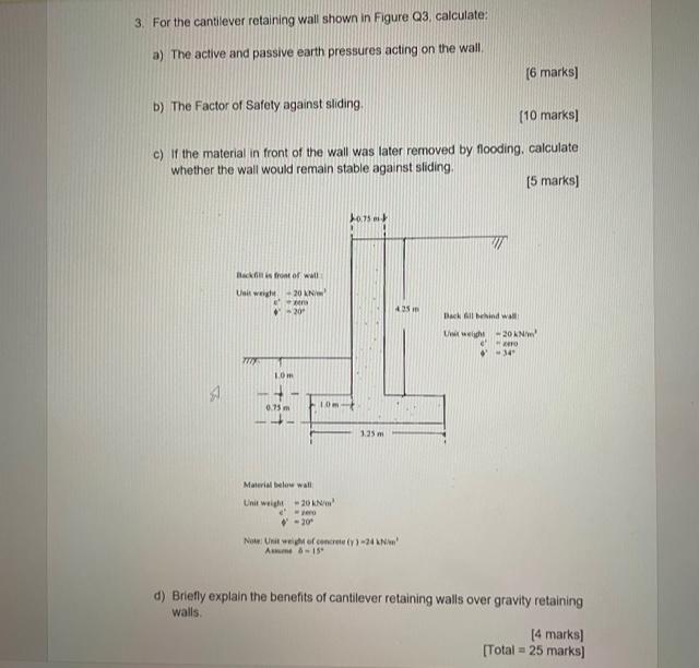 Solved 3. For the cantilever retaining wall shown in Figure | Chegg.com