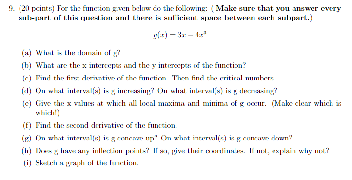 Solved 9. (20 points) For the function given below do the | Chegg.com