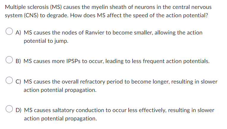 Multiple sclerosis (MS) causes the myelin sheath of neurons in the central nervous system (CNS) to degrade. How does MS affec