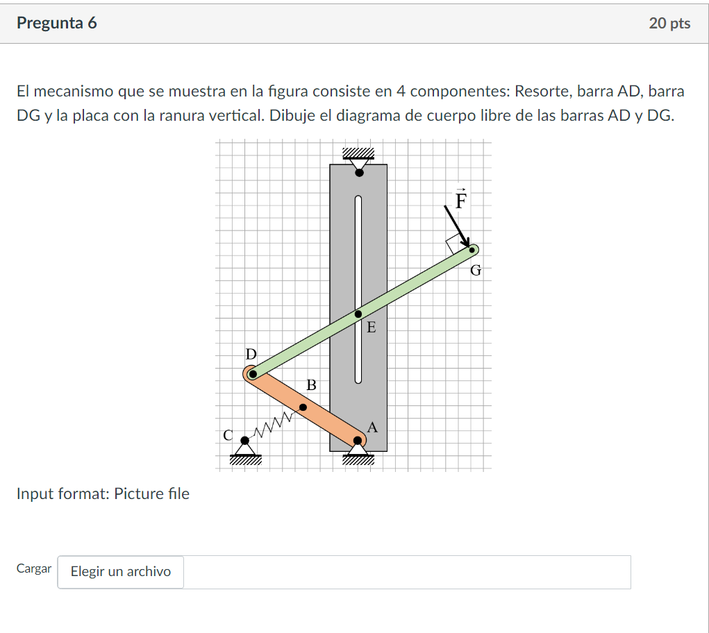 El mecanismo que se muestra en la figura consiste en 4 componentes: Resorte, barra AD, barra DG y la placa con la ranura vert
