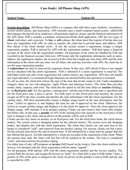 Case Study: All Phones Shop (APS) Student Name: Student ID: System description: All Phones Shop (APS) is a company that sells