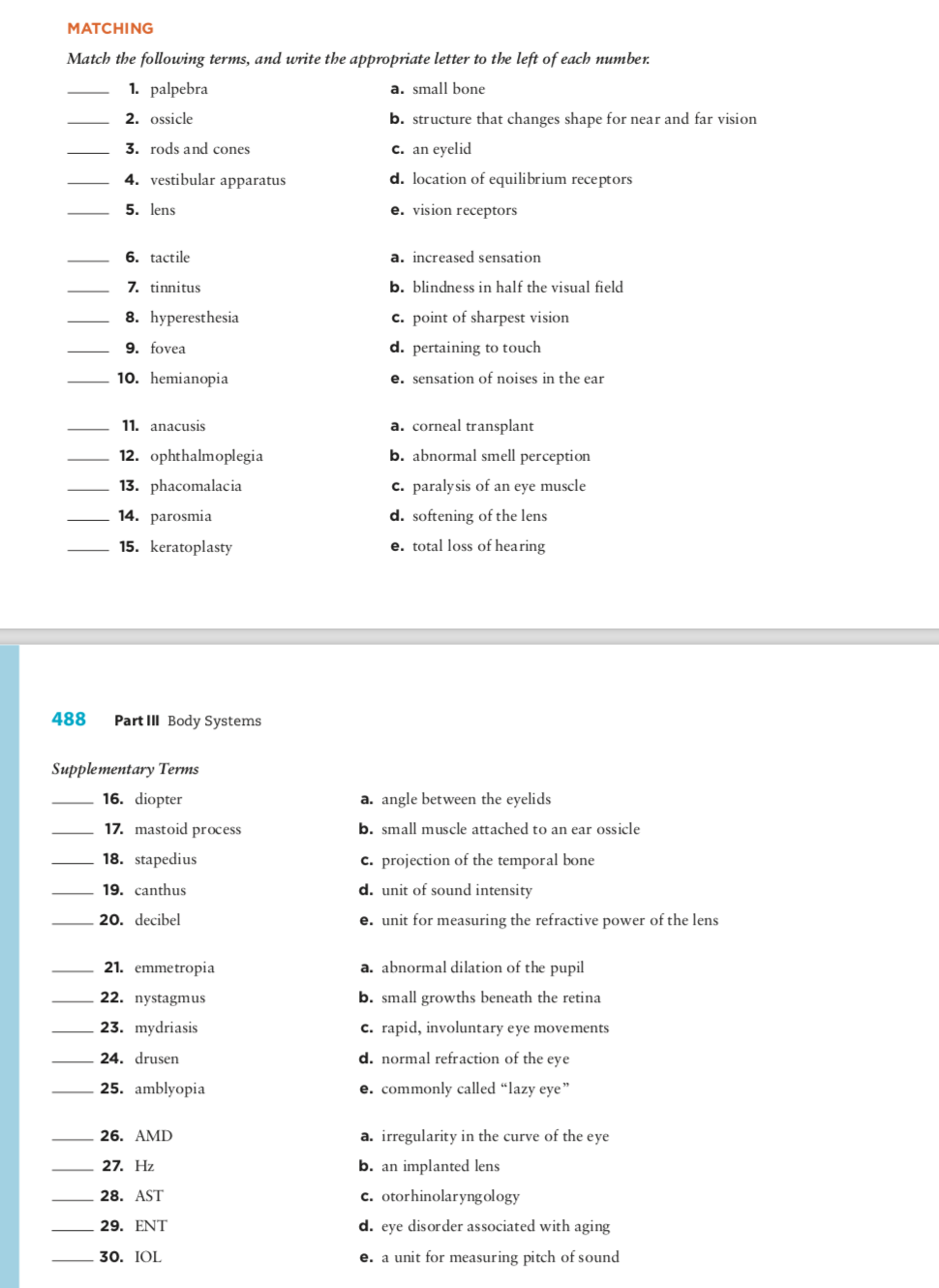 Solved MATCHING Match the following terms, and write the | Chegg.com