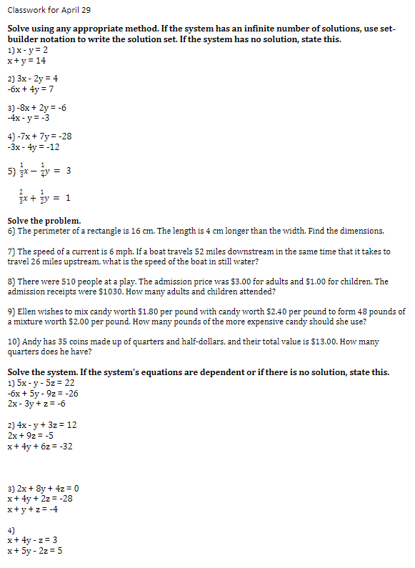 Solved Classwork for April 29 Solve using any appropriate | Chegg.com