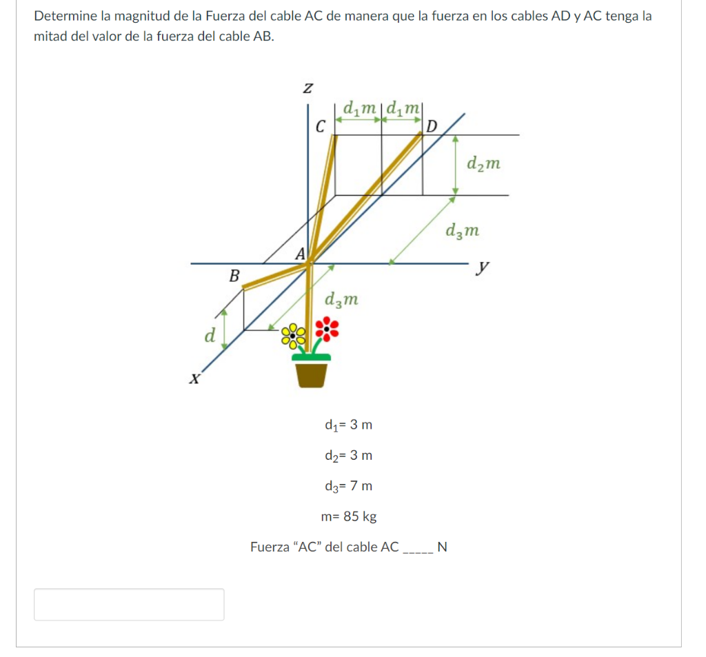 Determine la magnitud de la Fuerza del cable AC de manera que la fuerza en los cables AD y AC tenga la mitad del valor de la