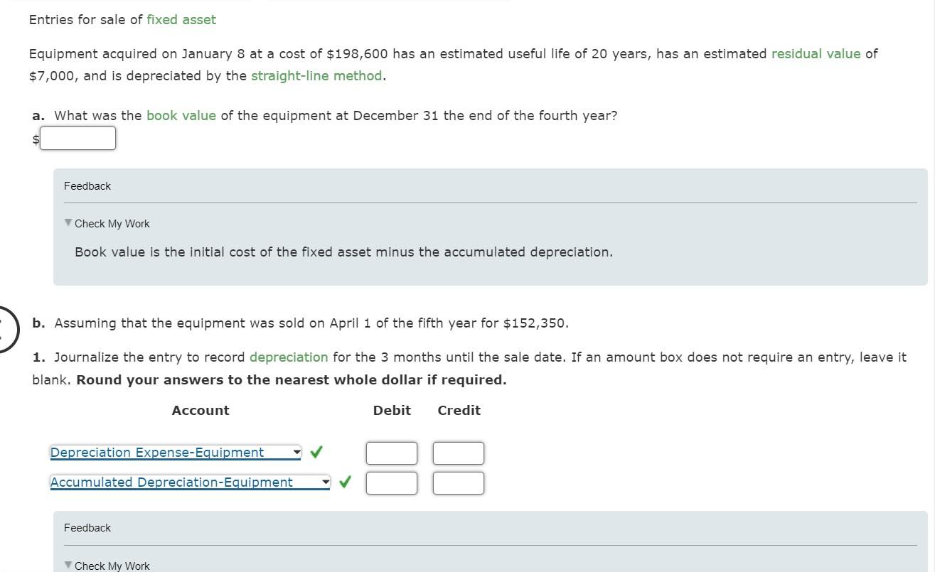 Solved Entries for sale of fixed asset Equipment acquired on