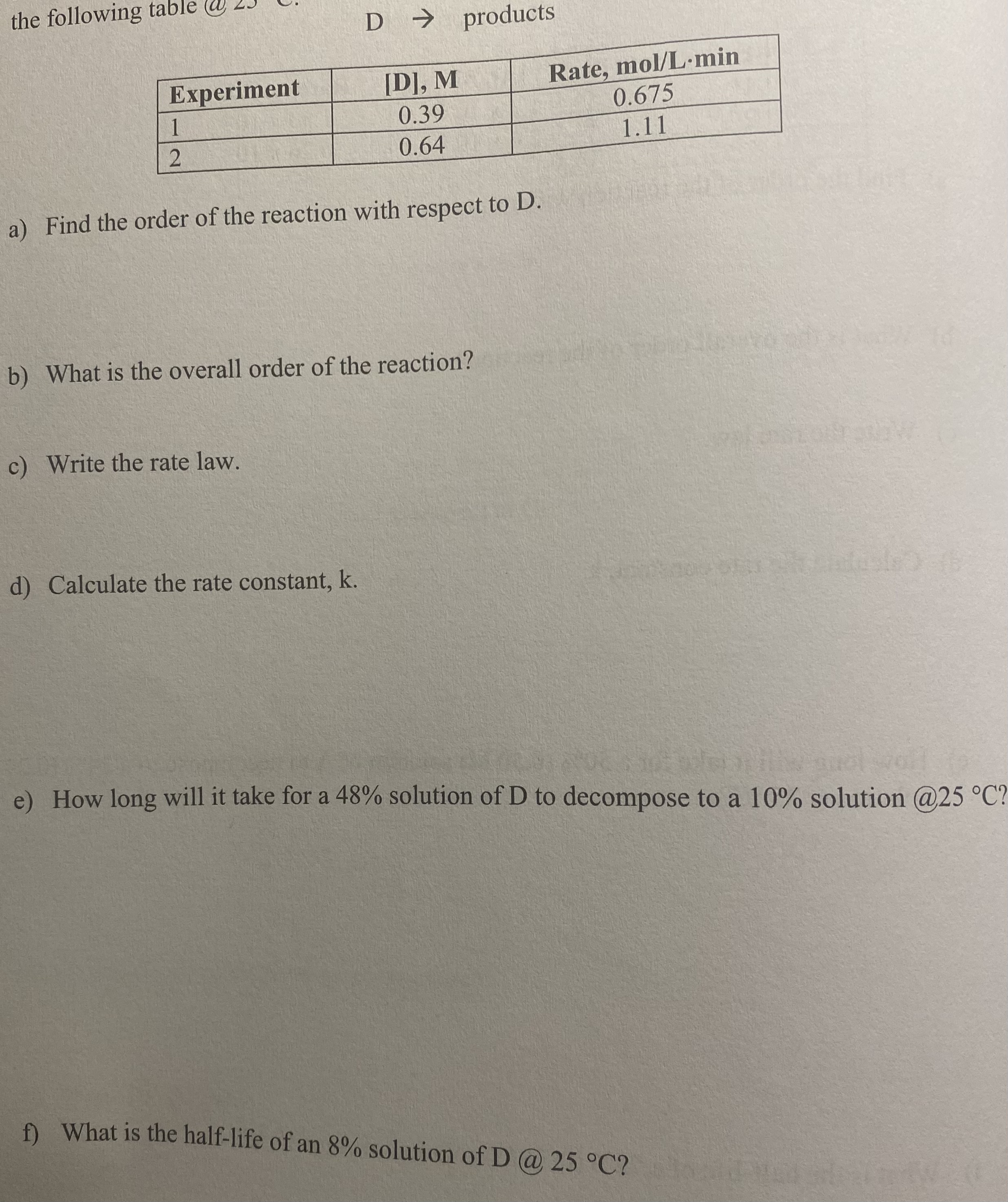 Solved A) Find The Order Of The Reaction With Respect To D. 